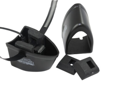 Picture shows a Humminbird transom style transducer in Transducer Shield # SSC-3