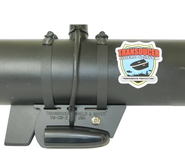 TM-CSI-2 Transducer Shield shown attached to the trolling motor housing (transducer & straps not included)