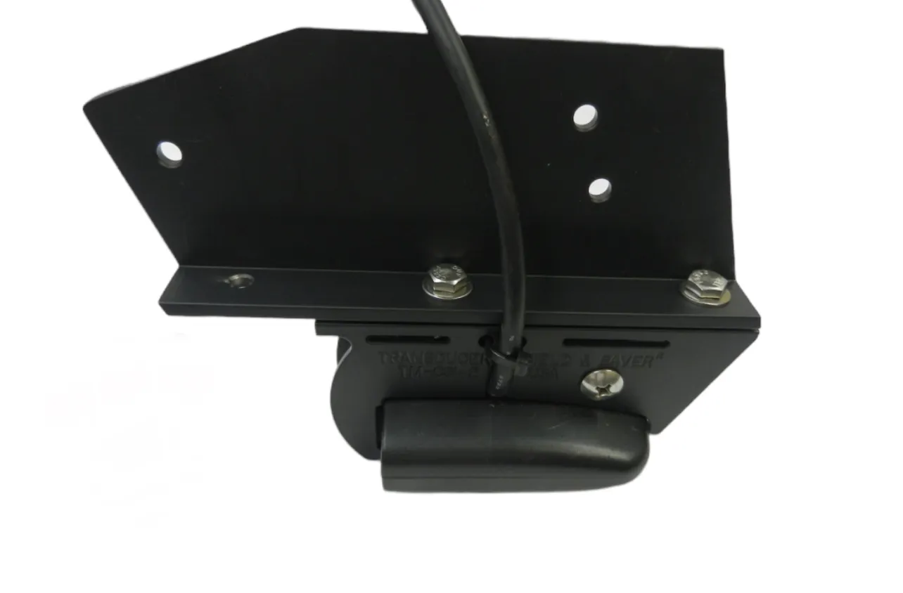 TM-CSI-2 Transducer Shield shown attached to an L Bracket to install on the side of a jack plate (transducer and L Bracket not included)