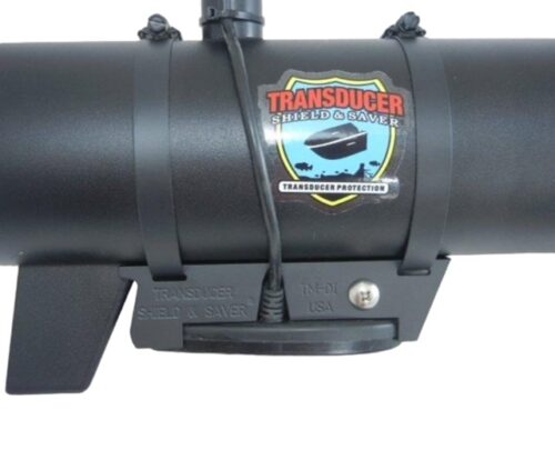 Transducer Shield # TM-DI shown attached to a trolling motor (straps and transducer not included)