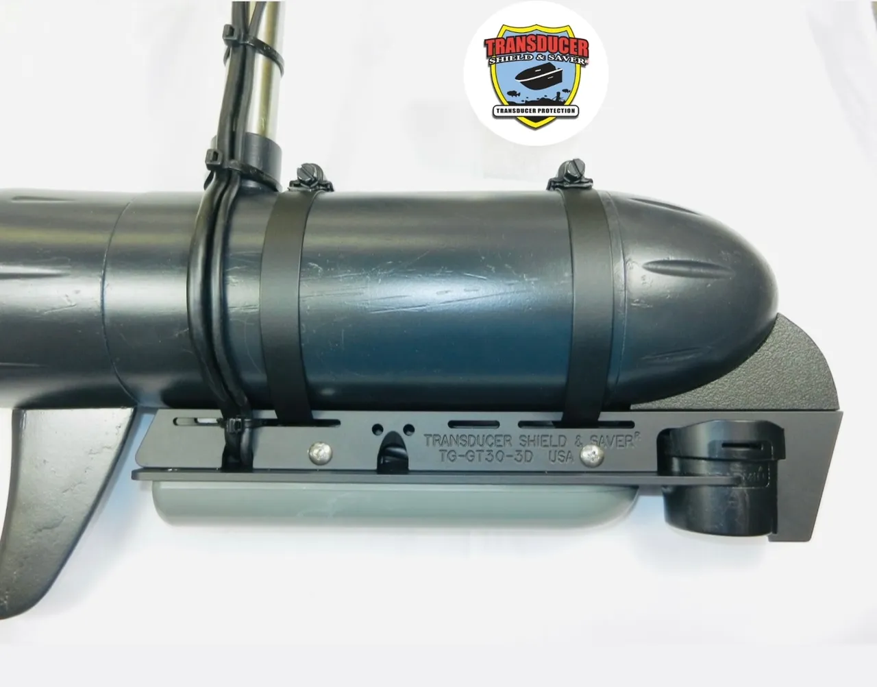 TG-GT30-3D TG-GT30-3D Transducer Shield attached to a trolling motor (transducers not included)
