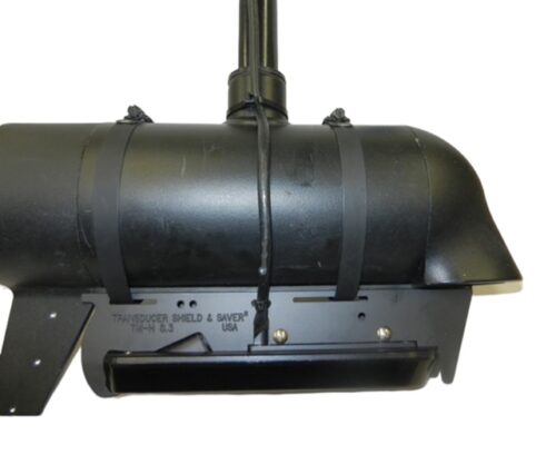 Transducer Shield TM-H8.3 shown attached to a trolling motor (straps and transducer not included)
