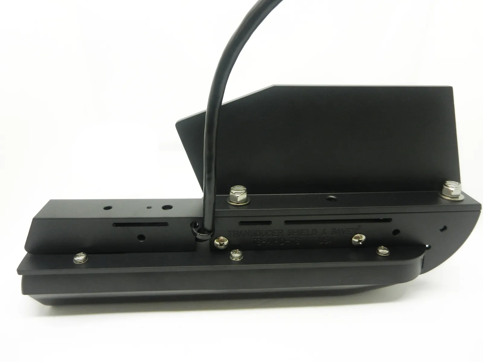 TS-AIHD-TS Picture shows an L Bracket attached to Transducer Shield for side of Jack Plate installation