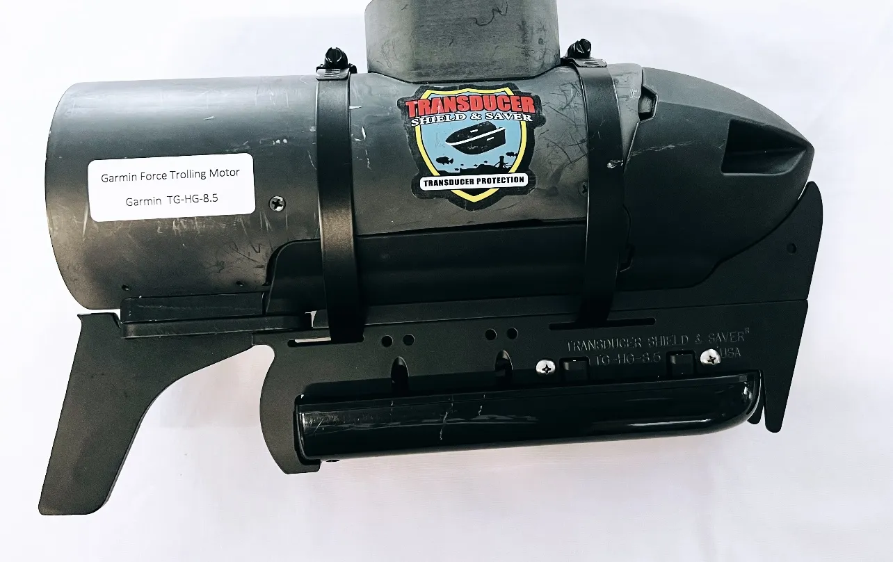 Picture shows Transducer Shield attached to Ram Rail on Trolling Motor Rail Kit attached to a Garmin Force Trolling Motor without a built in transducer
